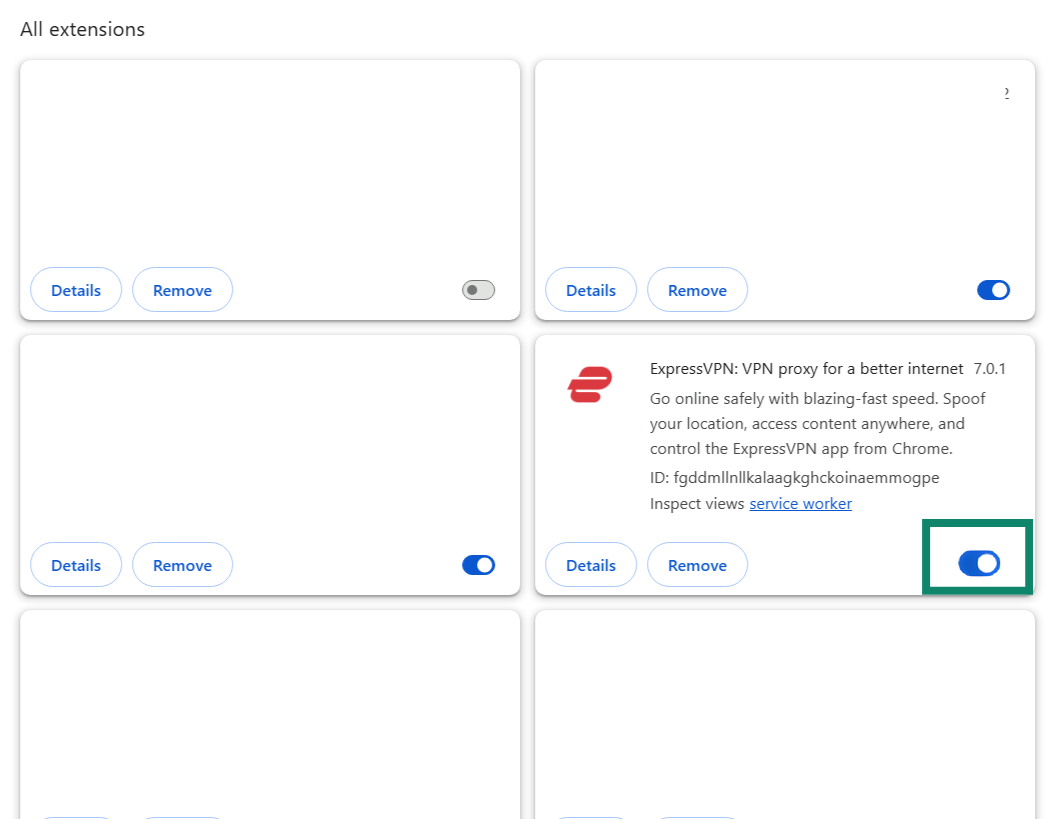 A screenshot of the Chrome Extensions page, showing the option to disable the ExpressVPN client.