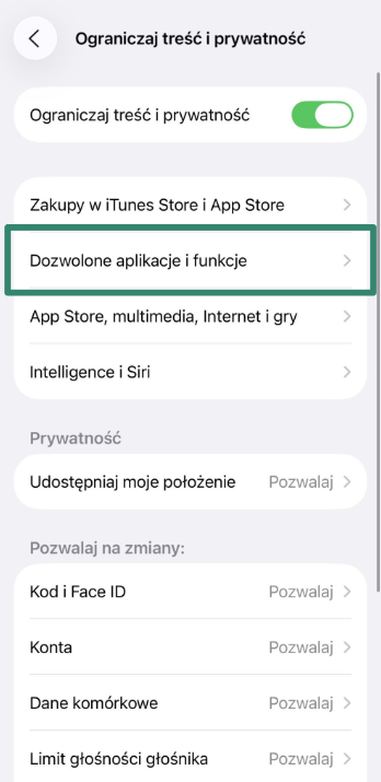 Allowed Apps & Features menu in parental controls.