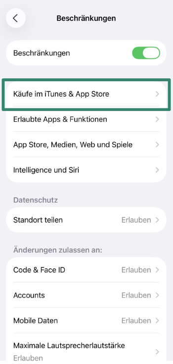 iOS screen showing iTunes & App Store Purchases option.