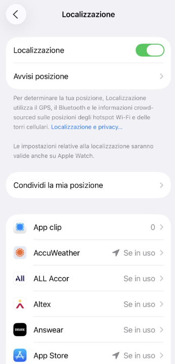 Location Services settings with app-level permissions on iPhone.