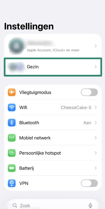 iPhone Settings screen with “Family” option highlighted under Apple ID.