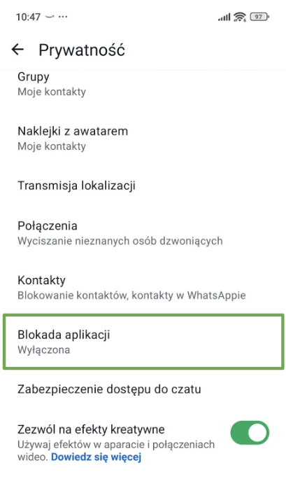 WhatsApp Privacy tab highlighting App Lock.