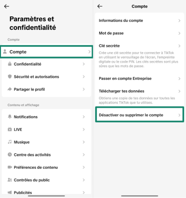 Screenshot showing how to access the Account menu in TikTok's settings (left) and deactivate or