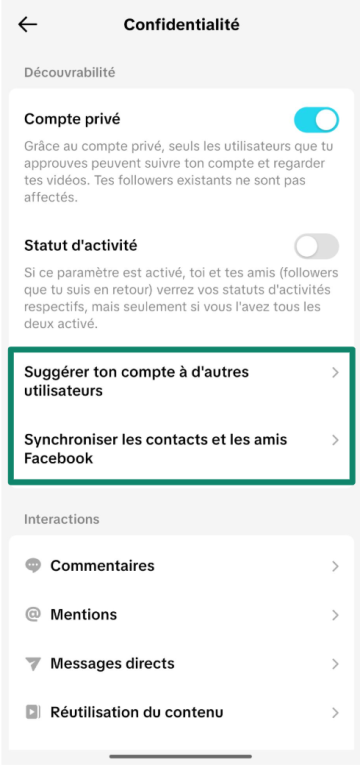 Screenshot showing how to access the sync and suggestion menus through TikTok's privacy settings