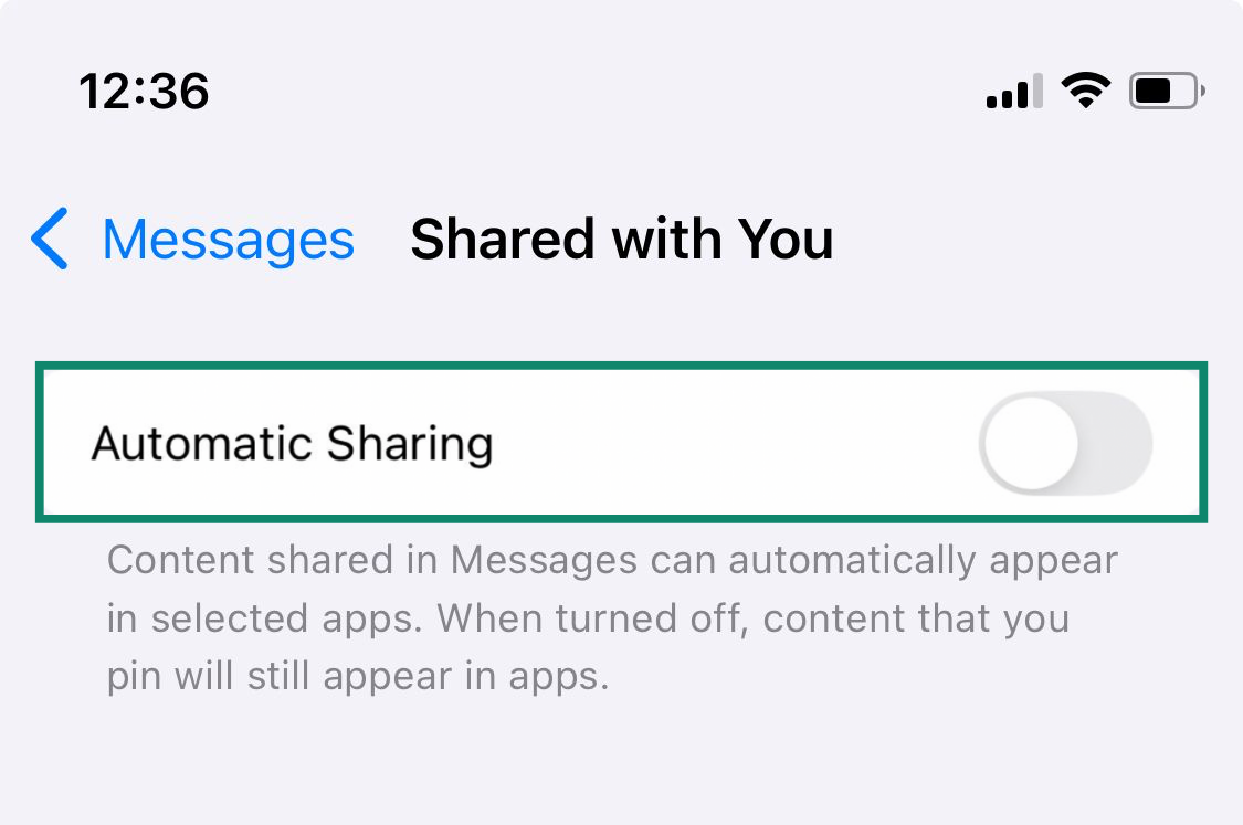 The Shared with You settings page, with the Automatic Sharing switch in the Off position.
