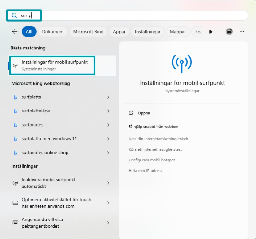 Accessing the Mobile hotspot menu on Windows.