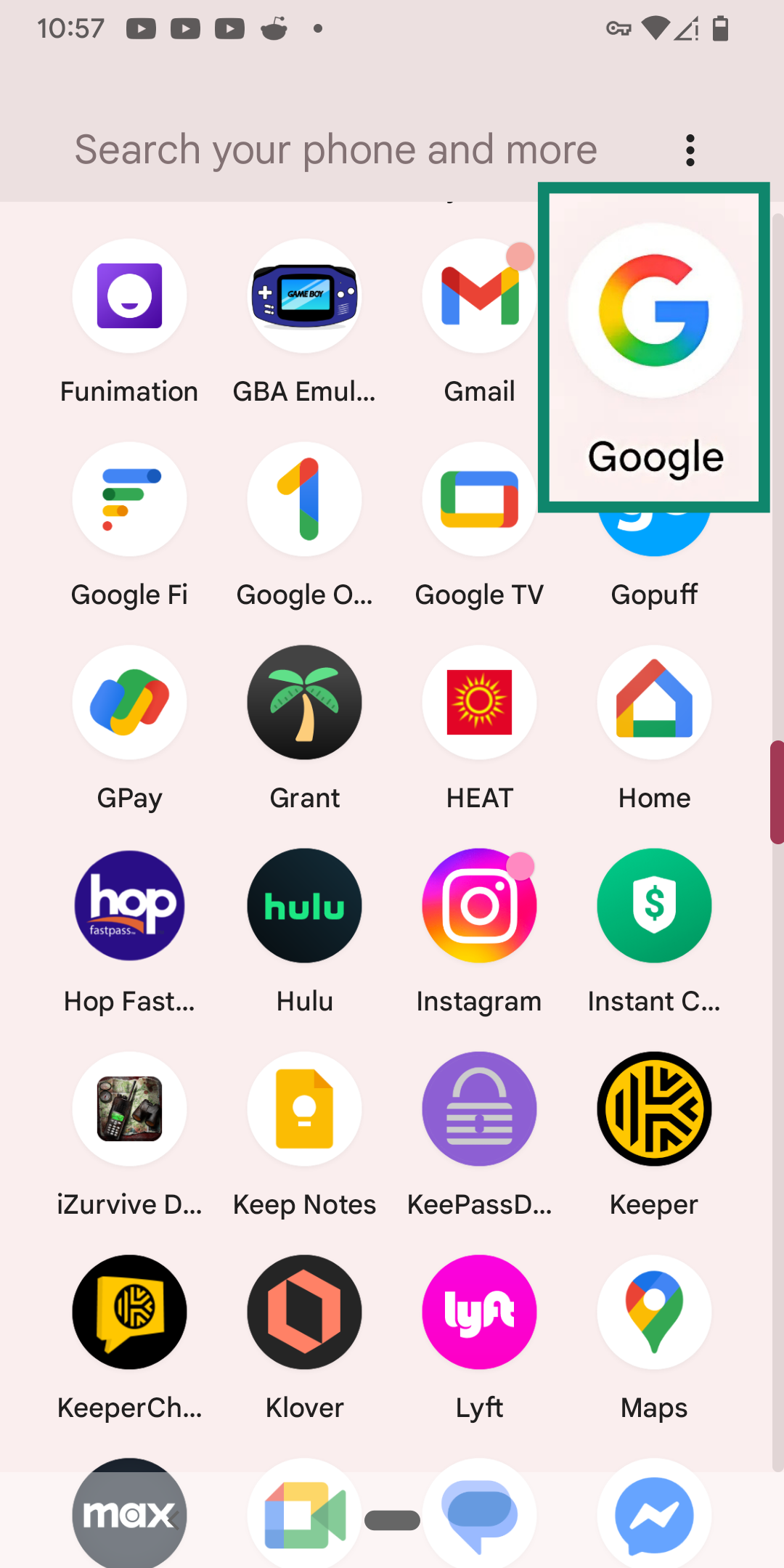 An Android's list of apps, highlighting Google.