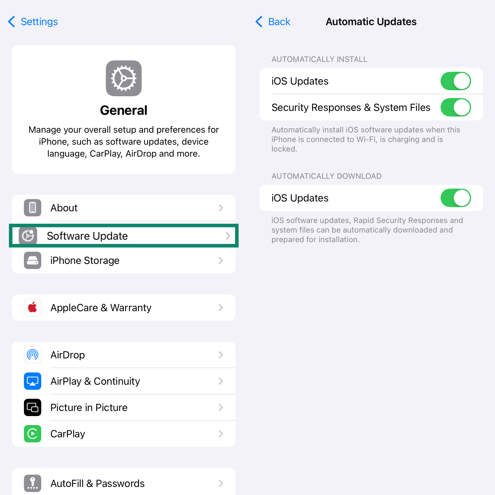Two side-by-side iPhone screens showing the iOS Automatic Updates screen with 'iOS Updates' and 'Security Responses & System Files' enabled for automatic installation.