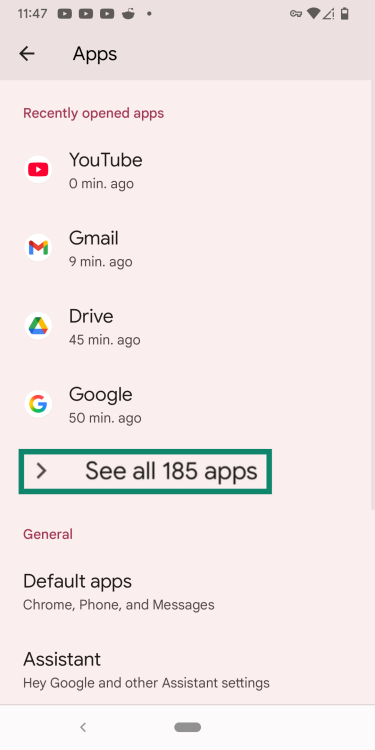 The Android Apps screen, emphasizing the See all apps selection.