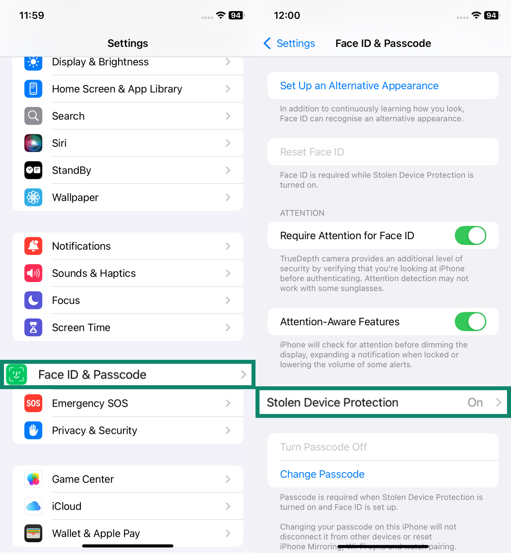 Two side-by-side screenshots of iPhone Settings. The left screenshot highlights “Face ID & Passcode” in the Settings menu. The right screenshot shows the Stolen Device Protection option highlighted within the Face ID & Passcode settings.