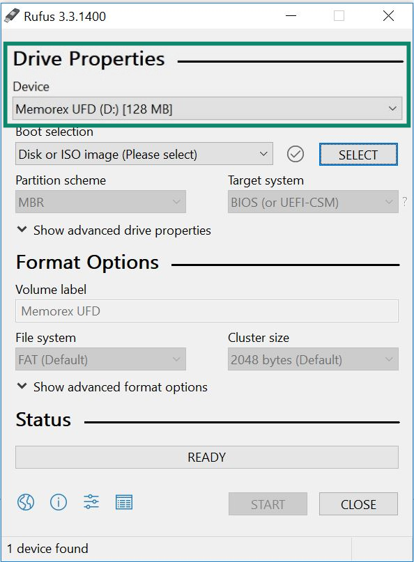 Rufus interface show boot device (USB).