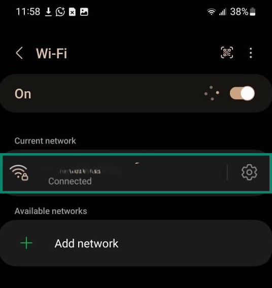 Android network connection screen in the Settings menu showing the connected Wi-Fi network.