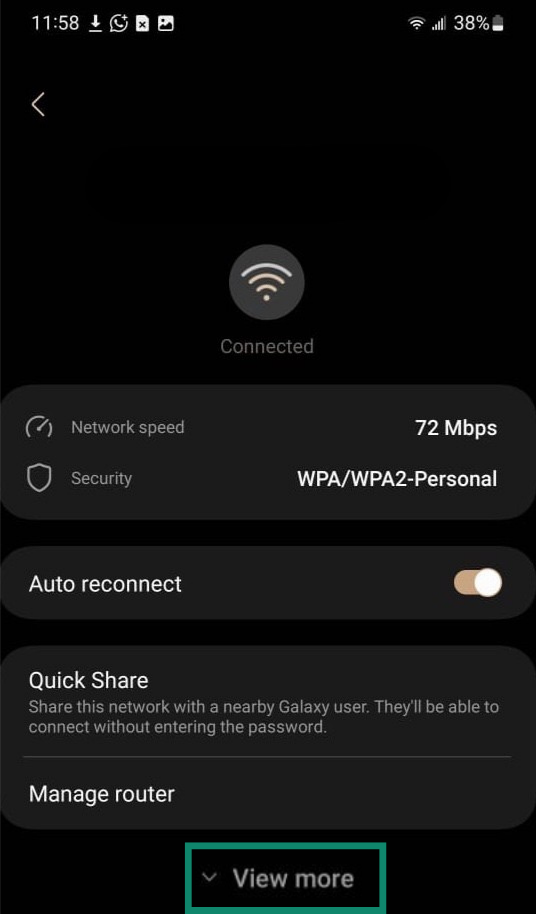 View more button highlighted under the connected Wi-Fi network on Android.