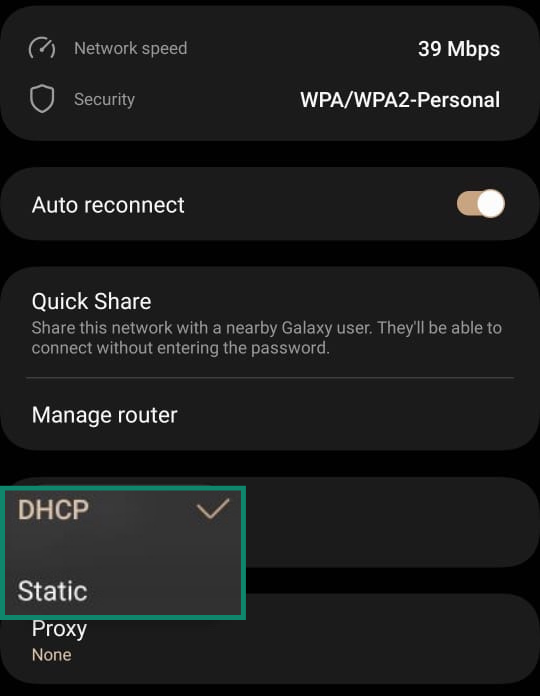 DHCP and Static IP Settings highlighted in connected Wi-Fi settings on Android.