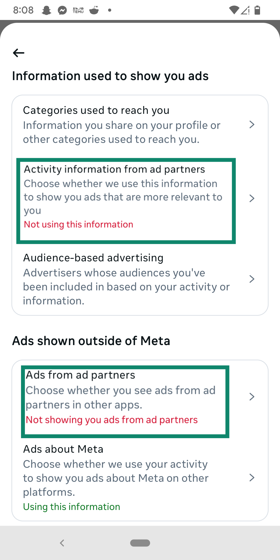 Turning off personalized ads on Meta.