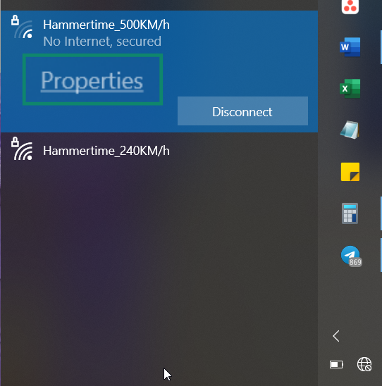 Windows's screen showing internet connections with the Properties option on connected network highlighted.
