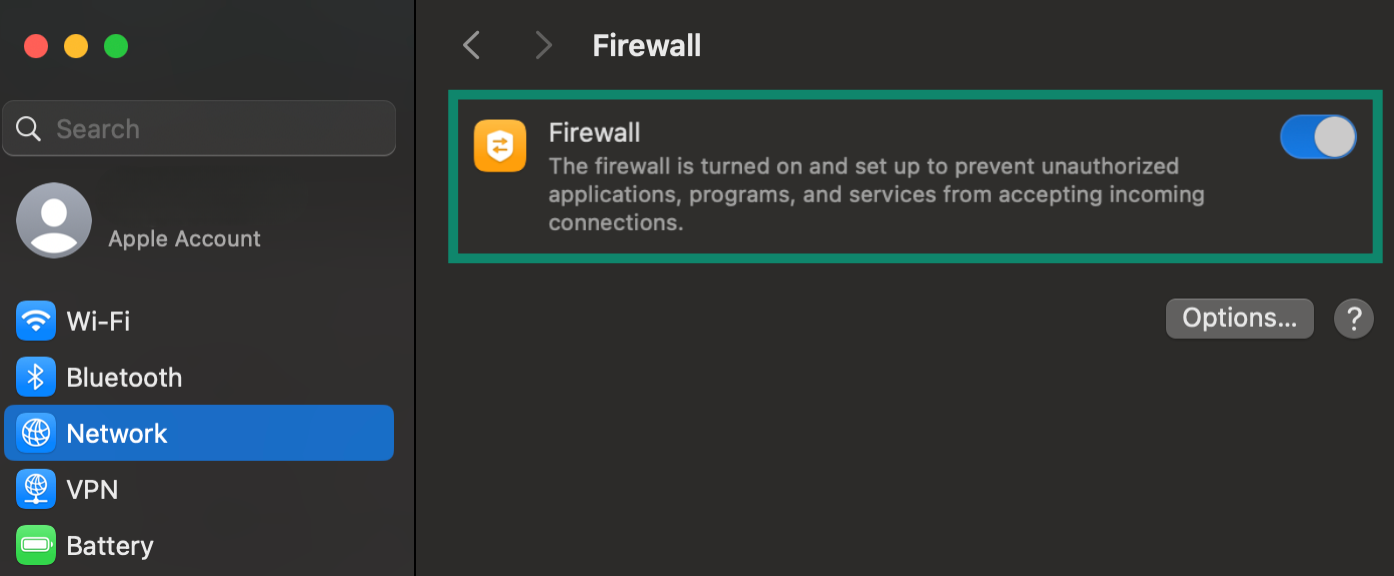 Mac System Settings Network tab Firewall settings.