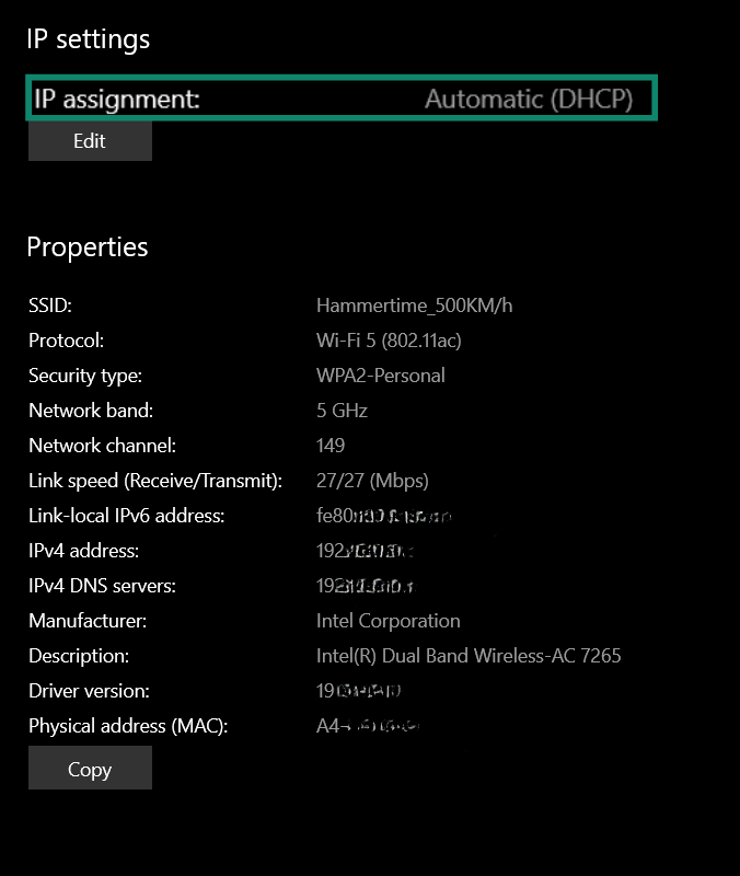 Close-up of Windows's network connection properties page with IP Assignment settings highlighted.