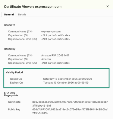 Example of a valid TLS/SSL certificate with the issue and expiry date highlighted.