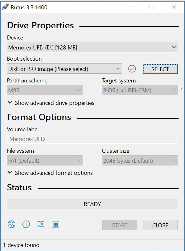 Rufus interface show boot device (USB).