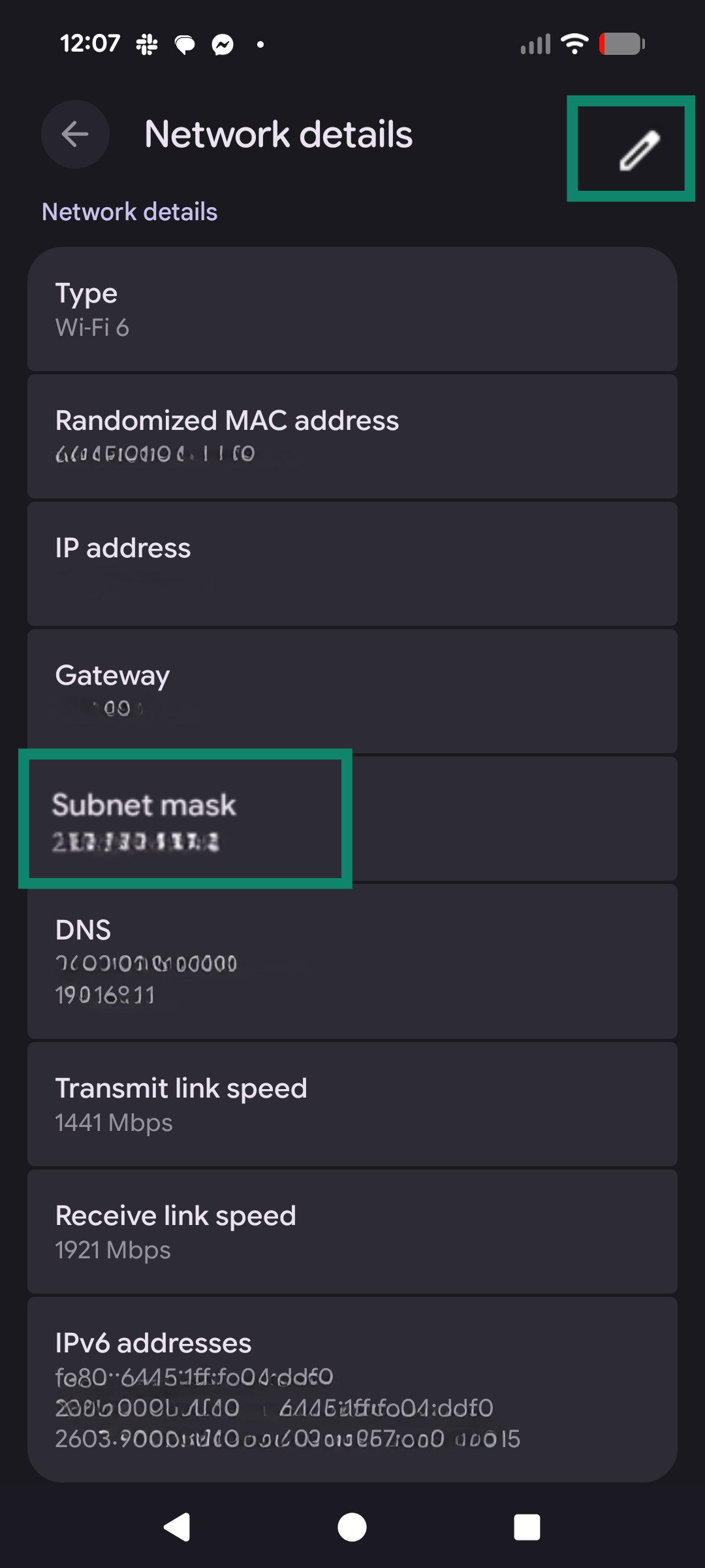 Android network details screen with option to change subnet mask.