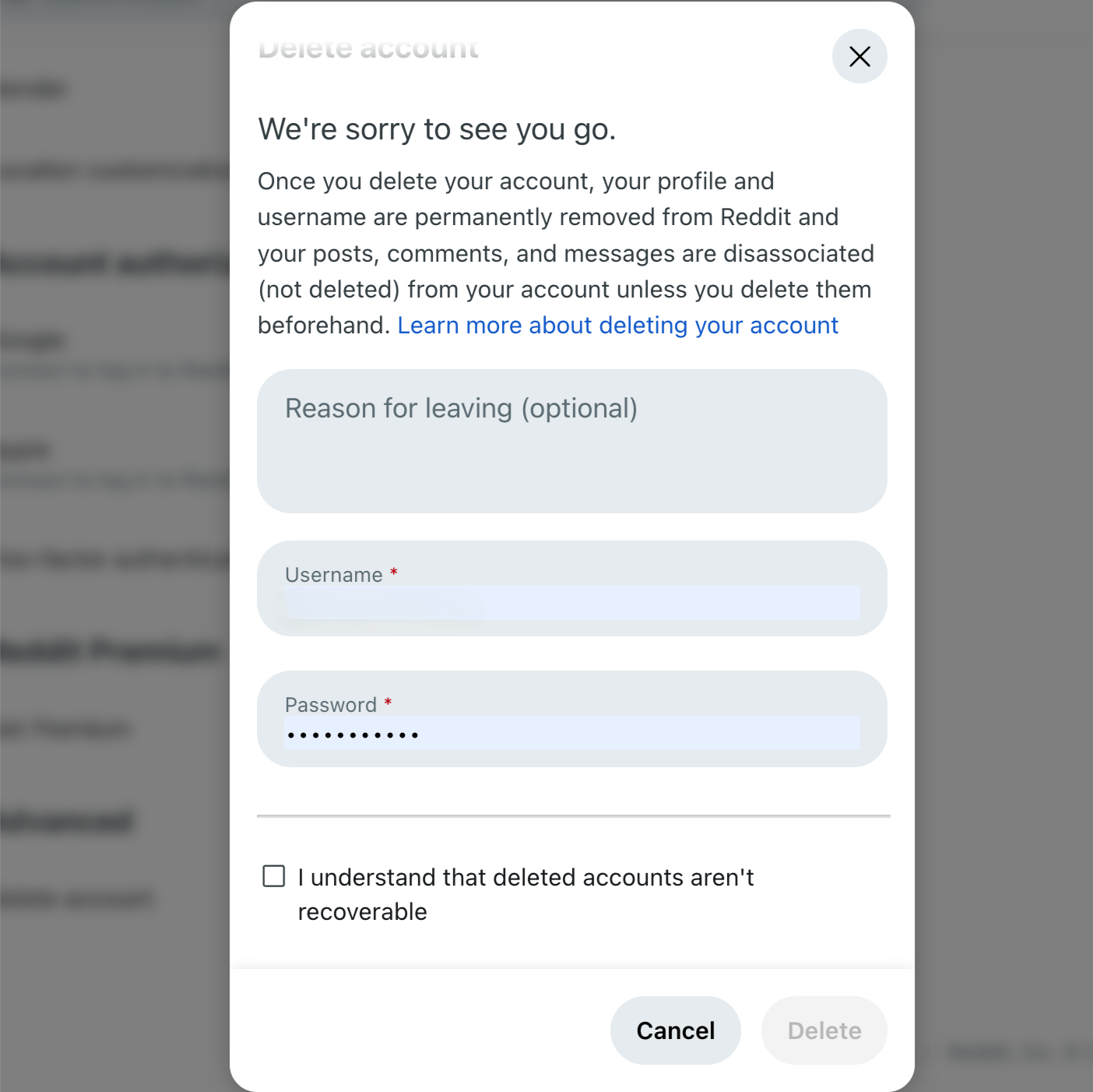 Reddit final account deletion page on desktop.