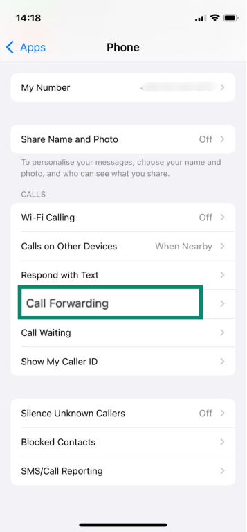 The Call Forwarding settings on an iPhone.