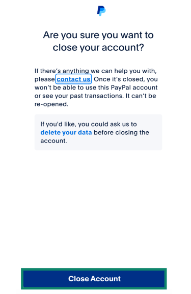 PayPal confirmation window, with the “Close Account” button highlighted at the bottom.