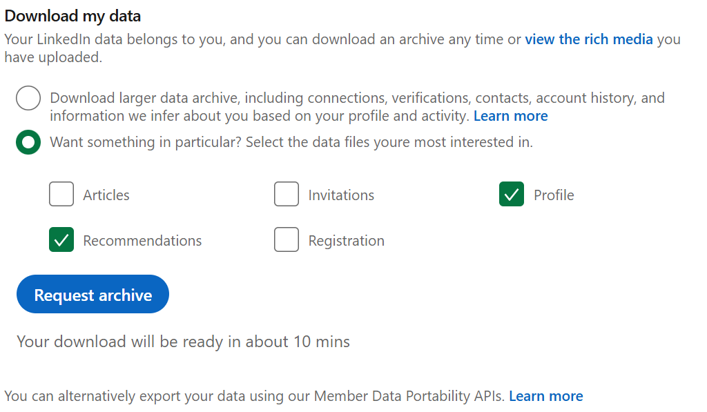 The "Download my data" screen, with options for "Profile" and "Recommendations" selected before clicking the "Request archive" button.