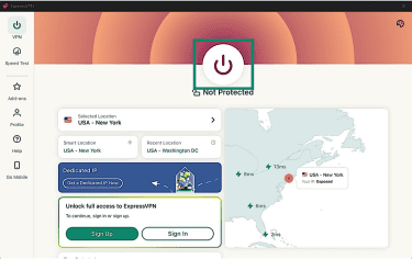 ExpressVPN's app on Windows, with a highlighted power button.