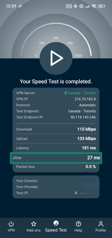 Results of a speed test done on ExpressVPN's Android app.