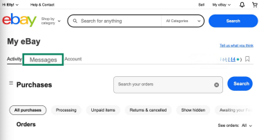 eBay "My eBay" page showing the Messages tab