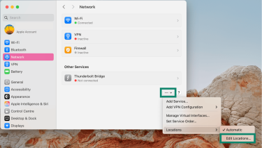 Screenshot of the Mac network settings window, showing the Edit locations options.