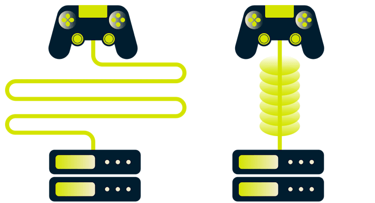 Une manette de jeu emprunte un long chemin pour atteindre un serveur, tandis qu'une autre emprunte un tunnel VPN court.