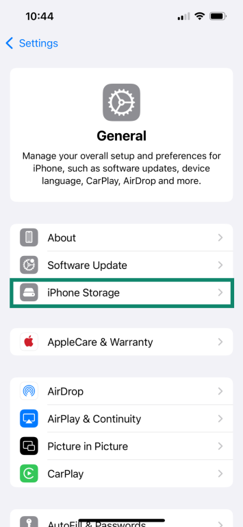 General screen on iPhone, showing the "iPhone Storage" option highlighted.