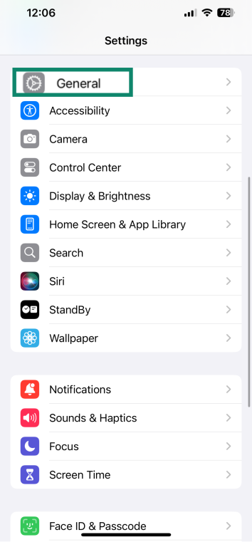 Image showing the settings menu on iPhone with General higlighted
