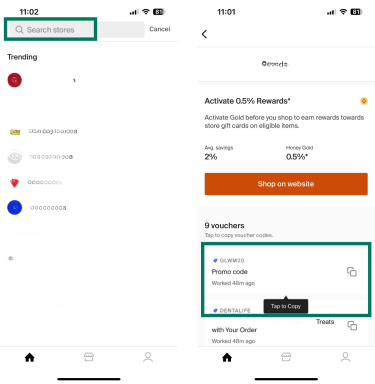 screenshots from Honey's mobile app showing a search for a store and copying a promo code.