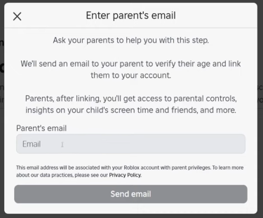 A pop-up window in roblox prompting a user to enter their parent's email address to link their accounts and enable parental controls.