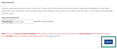 Screenshot of the FCC phone-complaint form showing the end of the report with the Submit button highlighted.