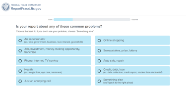 Partial screenshot of ReportFraud.ftc.gov with multiple reporting categories shown, including options for reporting phone scams.