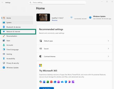 The Network & internet option on the left hand sidebar of the Windows 11 settings menu.