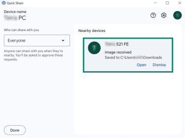 The Quick Share app on Windows 10. A file received from an Android phone is highlighted.