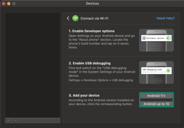 The "Connect via Wi-Fi" setup window on the MacDroid app on a Mac. The "Android 11+" and "Android up to 10" buttons are highlighted.