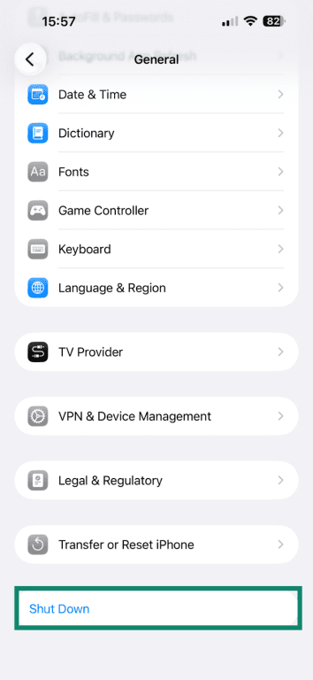 Shutting down an iPhone using the Settings app.