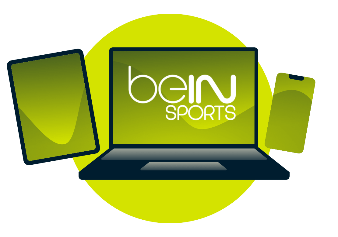 Um laptop, tablet e telefone, com o logotipo do Bein.