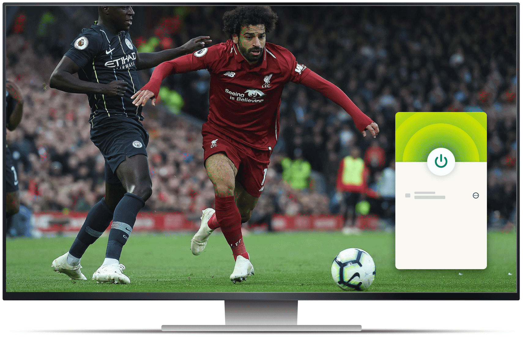 Monitor de desktop com streaming de futebol no beIN Sports e o aplicativo de VPN.