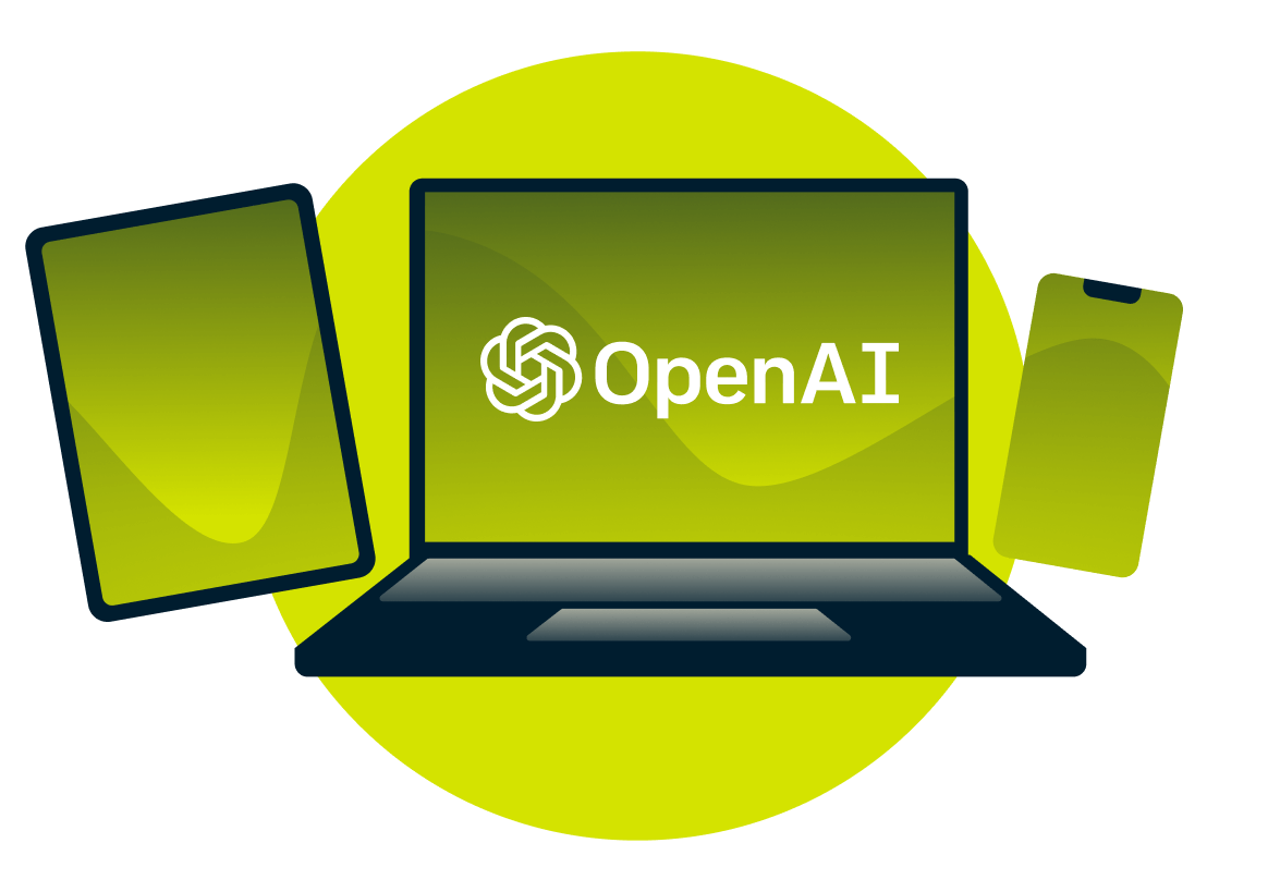 Una laptop, tablet y teléfono con el logo de OpenAI.