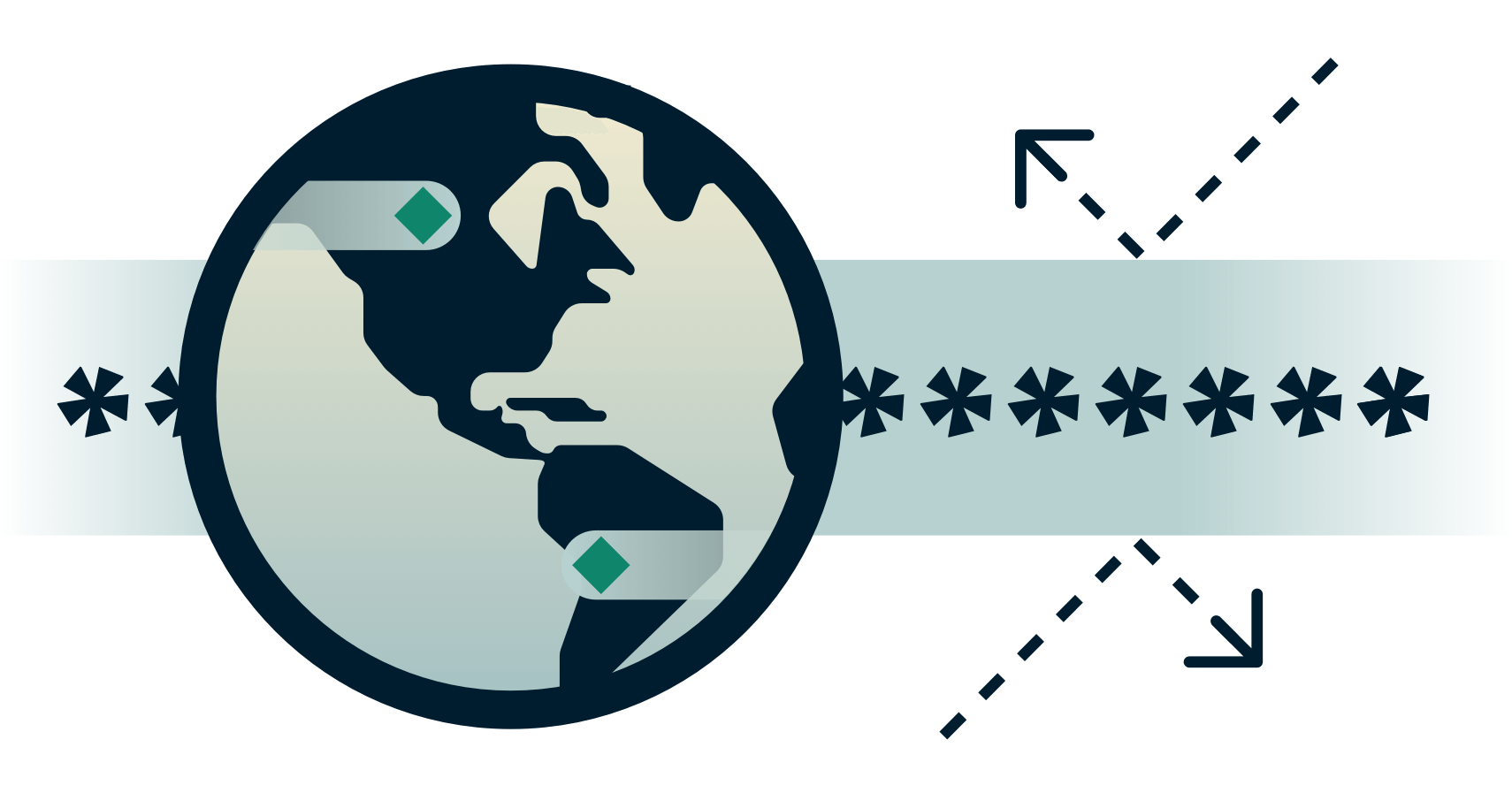 Globo con tunnel criptato con frecce che rimbalzano su di esso.