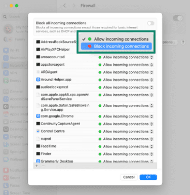 Firewall settings on macOS either allow or block incoming connections.