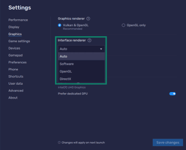 The BlueStacks setting page is open to the Graphics page with options to adjust the renderer and GPU.
